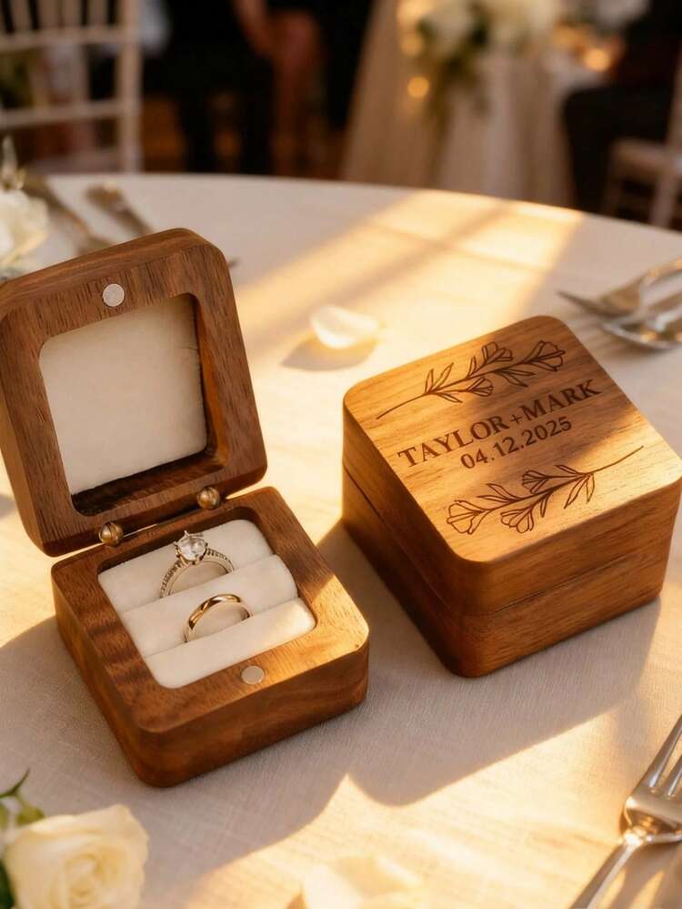 1 pieza Caja personalizada para anillos con 2 ranuras, Caja de anillos cuadrada de nogal, Caja personalizada para anillos de boda, Caja de anillos de compromiso tallada, Para anillos de boda, Caja de anillos de madera con grabado láser para propuesta, compromiso, aniversario, San Valentín, cumpleaños - Multicolor - Añade 1