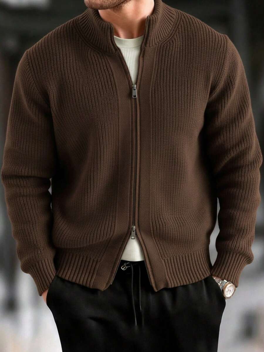 男士加厚拉链开衫，长袖纯色毛衣 - 咖啡棕 - 查看 1