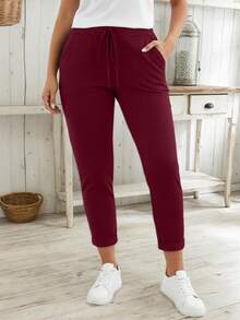 CURVE+ 大码女式柔软弹力紧身裤，带口袋，适合通勤和圣诞节穿着，可作打底裤，情人节春季必备 - 酒紅色 - 查看 4