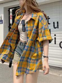 1 件女士休闲格子涤纶纽扣口袋户外格子百搭衬衫，夏季日常穿着