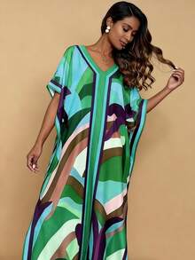 Fashion Casual Printed V-Neck Short Sleeve Plus Size Women Dress Spring - Multicolor - View 6