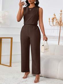 Bộ 2 món thời trang nữ thanh lịch, áo không tay và quần dài với túi xéo và chi tiết cúc, thích hợp cho mùa hè. - Nâu sẫm - Xem 5