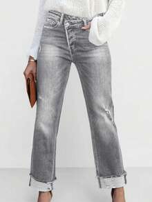 Elegant Women's Straight-Leg Jeans With Button, Zipper, Pockets And Distressed Details, Suitable For Party Or Casual Everyday Wear Spring - Light Grey - View 2