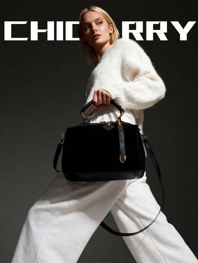 女士纯色手提包，仿麂皮材质，拉链封口，铆钉镶嵌复古风格枕形包，休闲街头时尚浪漫优雅波士顿包，适合购物、约会、通勤，可装手机、零钱、化妆品等。