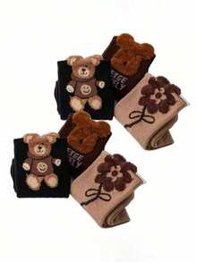 3/6/9 أزواج جوارب طويلة حتى الكاحل مبطنة بالريش والدب المصنوع من الخيوط، ذات موضوع متنوع للنساء في فصلي الخريف والشتاء، جوارب طويلة جذابة وعملية للارتداء الخارجي