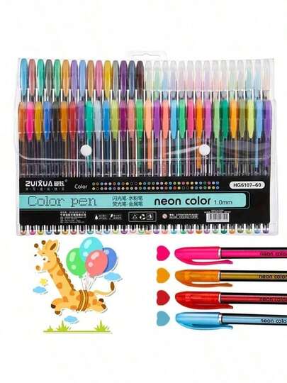 60pcs/Set Glitter Gel Pens, Fluorescent Pens, Neutral Pens, 12/18/24/36/48/60 Colors Candy Pens, Suitable For Christmas, Halloween, Drawing, School Parties