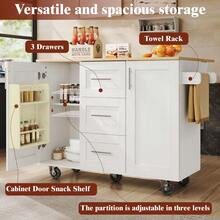 Kitchen Island, Removable Partitions, Removable Casters Like Kitchen Cabinets, Dining Cart With Countertop, Buffet Cabinet, Dining Cart With Wood Grain, Side Towel Rack With Casters, White - White + MDF+Metal - View 9
