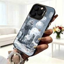 Cubierta de telefono con diseño de invierno azul claro con hombre y niño jugando con muñeco de nieve para iPhone 14 Pro Max funda protectora estilo vintage ideal para uso diario en cafeterias y salas de estar - Negro - Ver 6