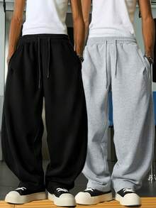 Kit Of 2 Widy Baggy Sweatpants, Straight Leg, Wide Leg, Flannel Lining With Pockets - Launch Promotion - Gray/Black - View 1