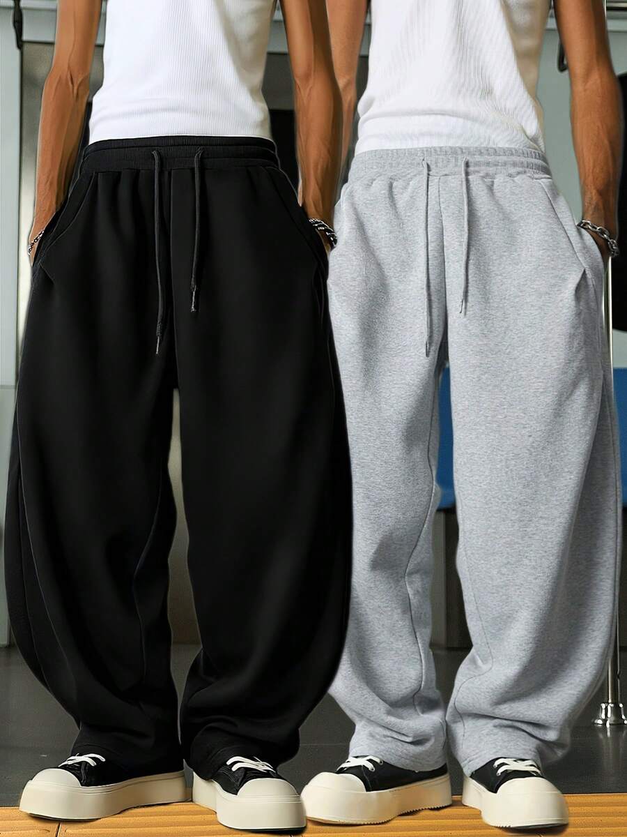 Kit Of 2 Widy Baggy Sweatpants, Straight Leg, Wide Leg, Flannel Lining With Pockets - Launch Promotion - Gray/Black - View 1