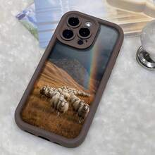 Cubierta de telefono con borde negro y diseño de ovejas en campo con arco iris para uso diario - Café integral - Ver 6