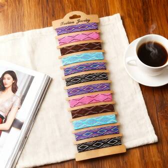 12条/套 女士友谊手链 波西米亚风 手工编织 可调节 串珠手链 女孩饰品