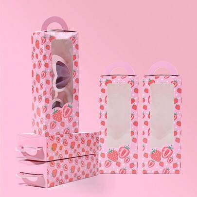草莓/城堡图案纸盒，6个装和12个装，带透明窗口提手，礼品盒，甜美可爱风格，粉色草莓/城堡图案，长方形透明窗口，适合情人节/生日/派对等场合。