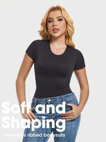 1pc Women Black Seamless Scoop Neck Short Sleeve Sexy Bodysuit Thong - Black - View 8