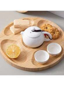 Cesta de frutas de madera con múltiples compartimentos, soporte grueso para aperitivos y desayuno, bandeja redonda para postres y aperitivos - Beis - Ver 3