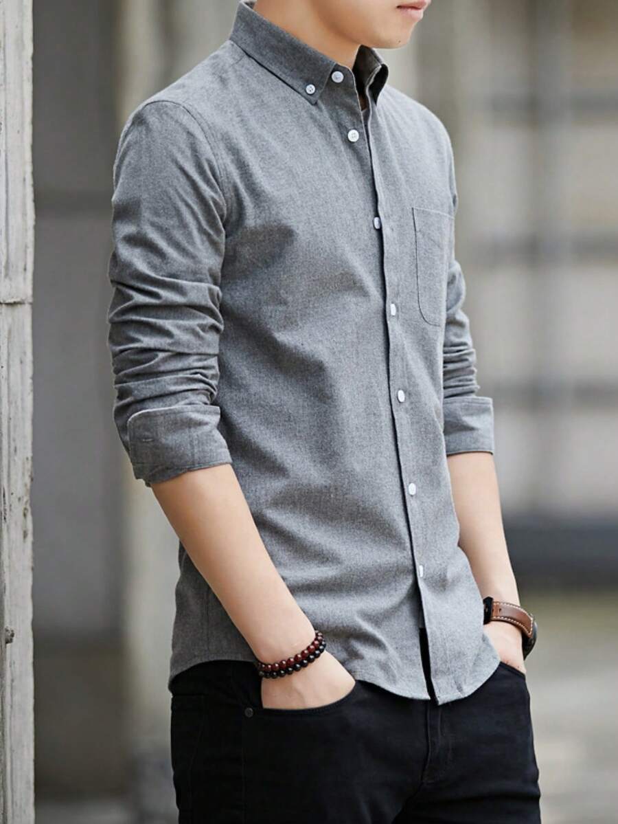 Camisa de manga larga de color azul sólido clásica para hombre, elegante de negocios casual caballerosa - Gris Claro - Ver 1