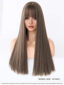 7JHH WIGS 高品质22英寸长直亚麻棕色假发，女士款，蓬松合成假发带刘海，外观自然，采用非常柔软的耐热合成纤维制成，全机织，美观大方，适合女孩参加音乐节、派对、街头服饰、万圣节角色扮演、动漫或服装搭配等场合。 - 棕色 - 查看 4