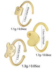 Charm-In 1 pieza Anillo ajustable de oro de 18 quilates chapado en latón con forma de corazón, geométrico y de cachorro con circonita cúbica, regalo para el Día de San Valentín, Día de la Madre - Dorado - Ver 7