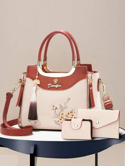 3pcs Embroidered Women Handbag Set, Including Shoulder Bag, Crossbody Bag And Tote Bag