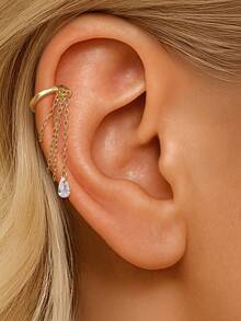 1 pieza Pendientes de doble capa de plata de ley 925, pendientes de lujo con borla y clip para mujer, adecuados para joyas de boda de novia - Dorado - Ver 3