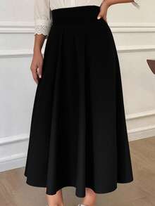 Livesso Women's High Waist A-Line Long Casual Elegant Skirt - Black - View 2