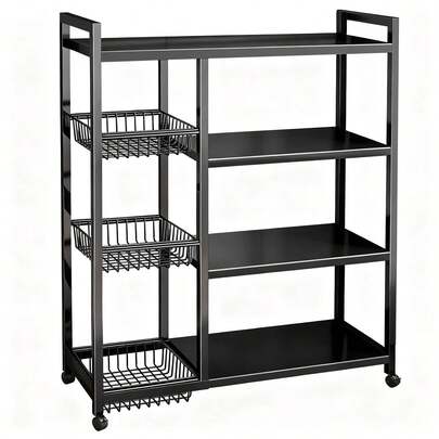 Movable Wire Rack, Heavy-Duty 4-Tier Storage Shelf With 3 Baskets And Wheels, Metal Shelves Organizer Kitchen, Bathroom, Office, Garage,  31.5''L*12.6''*42.5''H