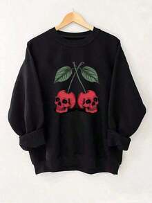 Christmas Outfit WomenPlus Size Gothic Style Sweatshirt For Women - Beige Red Cherry Skull Print Pullover, Heavy Round Neck Sweater, Halloween Costume, Casual Party Essential - Machine Washable, Non-See-Through Fabric, Winter Clothing, Avant-Garde Style Comfortable Top, Personalized Fashionable Top - Unisex-Autumn Clothing 320G Women's Crew Neck Sweatshirt - Street-Ready Chic For Workday Runs ​ Loose And Comfortablethanksgiving Outfit Women - màu đen - Xem 1