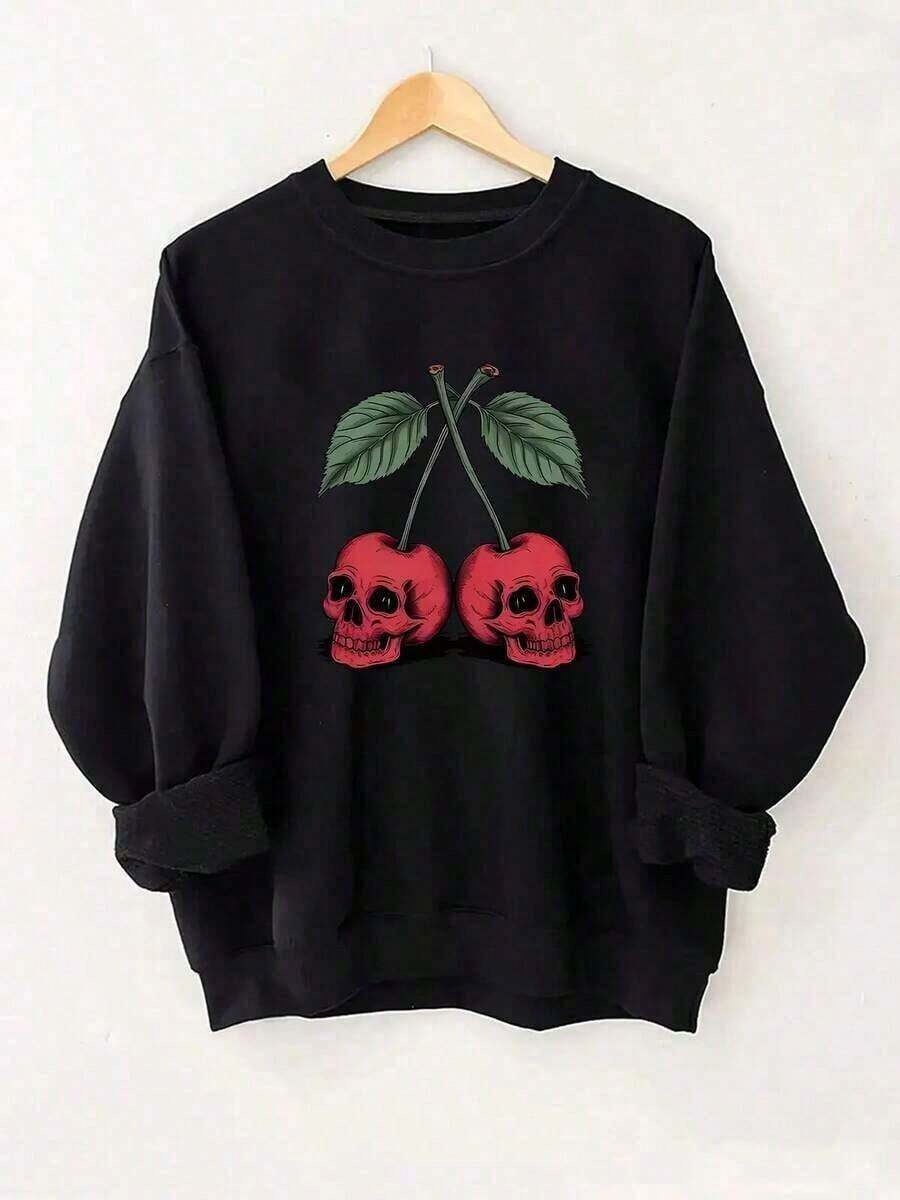 Christmas Outfit WomenPlus Size Gothic Style Sweatshirt For Women - Beige Red Cherry Skull Print Pullover, Heavy Round Neck Sweater, Halloween Costume, Casual Party Essential - Machine Washable, Non-See-Through Fabric, Winter Clothing, Avant-Garde Style Comfortable Top, Personalized Fashionable Top - Unisex-Autumn Clothing 320G Women's Crew Neck Sweatshirt - Street-Ready Chic For Workday Runs ​ Loose And Comfortablethanksgiving Outfit Women - màu đen - Xem 1