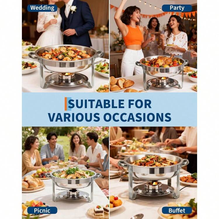 mteryoing Chafing Dishes For Buffet Set Of 2/4/6, 5 QT Round Buffet Servers And Food Warmer Set With Glass Lid, Holder & Drip Tray, Stainless Steel Chafers For Catering Parties Wedding Banquet - 4 件裝 - 查看 6