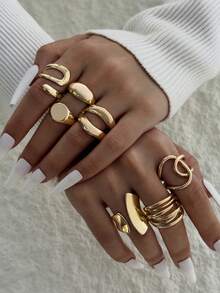 5件/6件/7件套简约优雅奢华不对称几何交叉镶钻复古光滑戒指套装，女士适用，适合派对、聚会、送礼