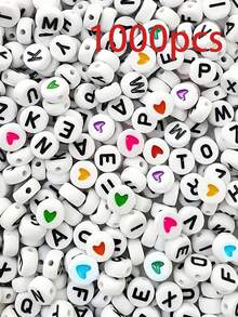 1000/500/200颗心形字母珠，亚克力字母珠，7x4毫米，适合DIY手链和首饰制作，时尚主题合成吊坠，无金属镀层 - 彩色 - 查看 9