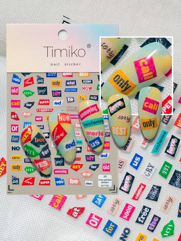 Ein retro-amerikanischer Nagel-Aufkleber mit erhabener Textur, Y2K-Collagen-Stil, mit bunten Textfragmenten, alltäglicher Umgangssprache, Internet-Schlagwörtern und anderen Elementen, geeignet für persönliches DIY und die Erstellung eines retro-Subkultur-Nagellook