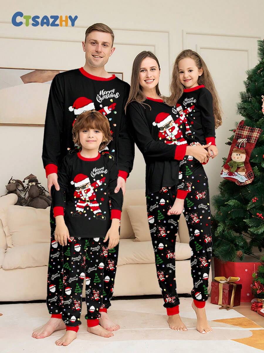 Bộ đồ ngủ chủ đề Giáng sinh 2 món cho trẻ em và cha mẹ, áo dài tay in hình ông già Noel và đèn, quần dài, bộ đồ ngủ - Nhiều màu - Xem 1
