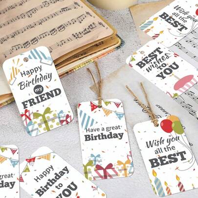 50个彩色生日快乐礼物标签，配麻绳 - 多种祝福语，纸质礼品标签，适用于礼品包装、礼物和派对回礼、生日派对装饰