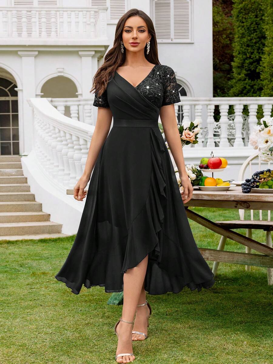 MIUSOL Đầm dạ hội thanh lịch cổ chữ V đính sequin và ren, phối màu tương phản, chất liệu chiffon, xếp ly, thích hợp cho khách dự đám cưới, tiệc tối trang trọng và các dịp khác. Màu đen, thích hợp cho mùa hè.