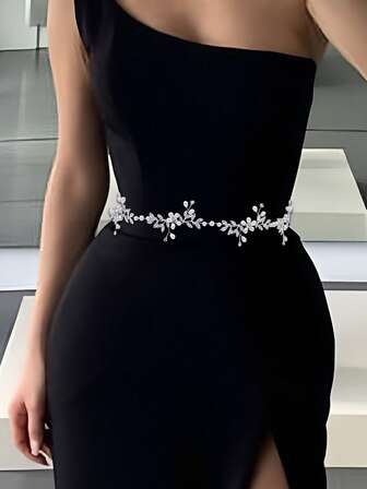 1 pieza Cinturón delgado de novia de aleación de plata, cadena de cintura con decoración de perlas falsas apta para boda, fiesta, baile, Navidad