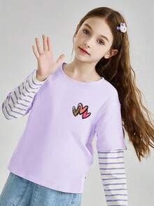 3 قطع تيشيرتات كم طويل كيوت للفتيات الصغيرات، تيشيرتات أنيقة للأطفال، تيشيرتات بتصميم متباين اللون مخطط 2 في 1 - متعدد الألوان - مشاهدة 5