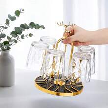 Soporte giratorio para secar vasos, con capacidad para 6 vasos, organizador antideslizante de acero para secar tazas, soporte para vasos de cristal con ganchos protectores de silicona, árbol secador de vasos para cocina, encimera. - Dorado - Ver 2