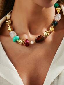 1件复古波西米亚风不对称树脂串珠项链，个性化时尚可调节吊坠项链，适合女性日常佩戴、度假装饰、日常穿搭搭配（珠子的纹理颜色不固定，以实物为准） - 彩色 - 查看 14