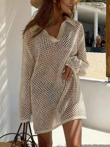 纯色针织沙滩裙 女士夏季性感镂空长袖泳衣罩衫 波西米亚风度假宽松沙滩装 - 卡其色 - 查看 2