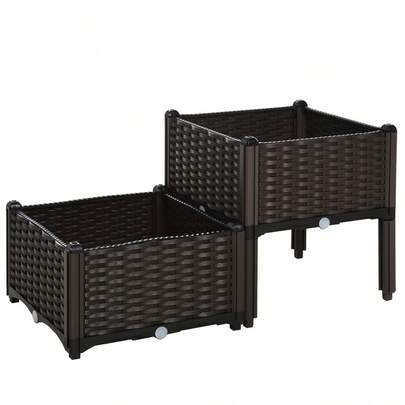 Outsunny Hochbeet Double Planter With Rattan Look, 80x40x44cm, With Drainage Holes, Made Of PP In Brown, For Garden, Balcony, Or On Site
