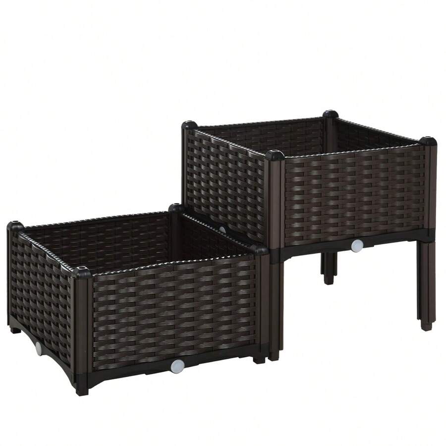 Outsunny Hochbeet Double Planter With Rattan Look, 80x40x44cm, With Drainage Holes, Made Of PP In Brown, For Garden, Balcony, Or On Site - 1 - View 1