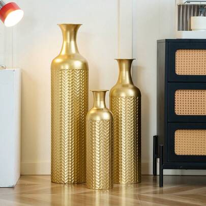 Guldfärgad golvvas - 83/65/50 cm hög, set med 3 retro metallvaser, pampasgrenar, höga dekorativa vaser för vardagsrums- och sovrumsgolv