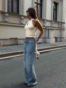 Women's Sleeveless Cropped Knit Top, Solid Color Fitted Round Neck - Cute Casual Street Style, Versatile Essential - Apricot - View 5