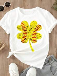 Women's Casual T-Shirt Baseball Clover Print For St Patricks Day Party Outfit - trắng - Xem 2
