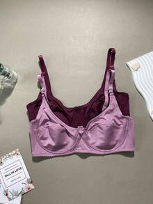 3pcs/Set Solid Color Casual - Comfortable Minimalist Casual - Sports Knit Fabric Bow Front Plus Size Bras - Multicolor - View 6
