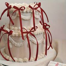 10 élégantes décorations de gâteau en ruban rouge avec des accents dorés - fabriquées en polyester, conviennent pour les décorations de mariage, anniversaire, Saint-Valentin, créant une atmosphère festive - Rouge - Voir 3