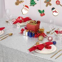 49英寸 x 79英寸银色亮片桌布，长方形银色闪光桌布，适用于圣诞节、万圣节、婚礼 - 銀色 - 查看 7