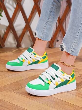 White, Green, Yellow Color Block Casual Sports Shoes, Soft Sole Comfortable Outdoor Sneakers For Women