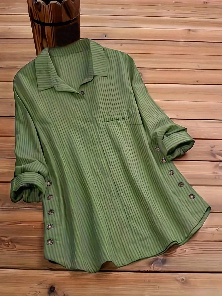 女士长袖翻领衬衫，常规版型，涤纶面料，纽扣细节，侧边口袋 - 綠色 - 查看 1